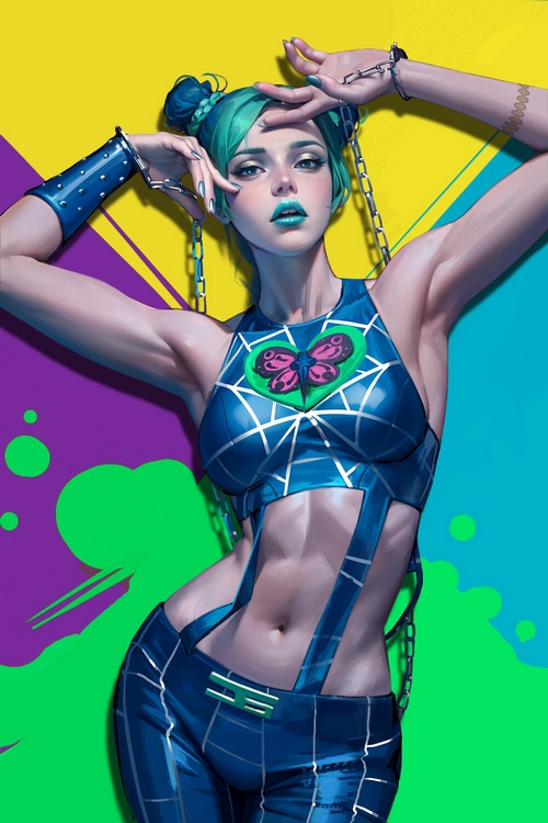 Jolyne Cujoh with green hair and chains