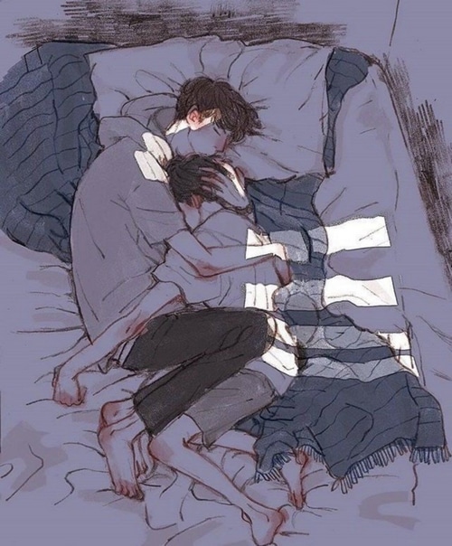 Anime boys cuddling in bed