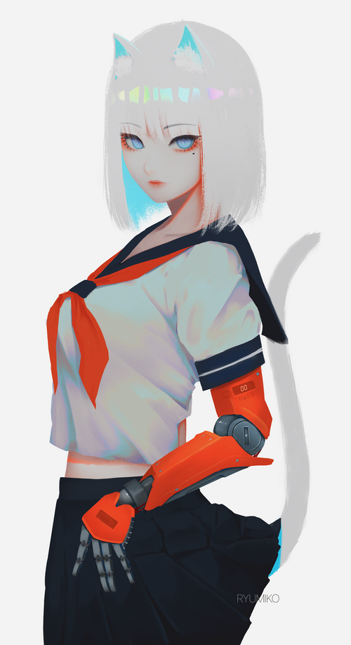 Anime Cat Girl with Cyborg Arm in School Uniform