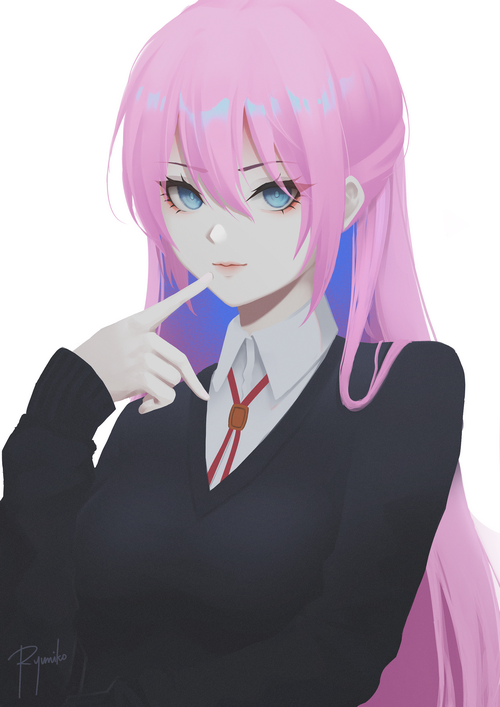 Shikimori Kamiya with pink hair and blue eyes