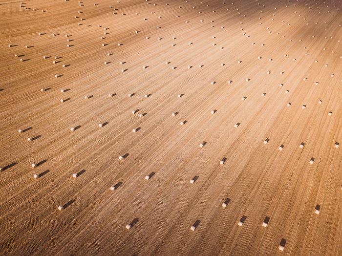Aerial view of a field with hay bales