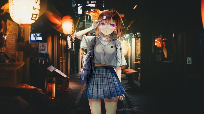 Anime girl with lollipop in Japanese street at night