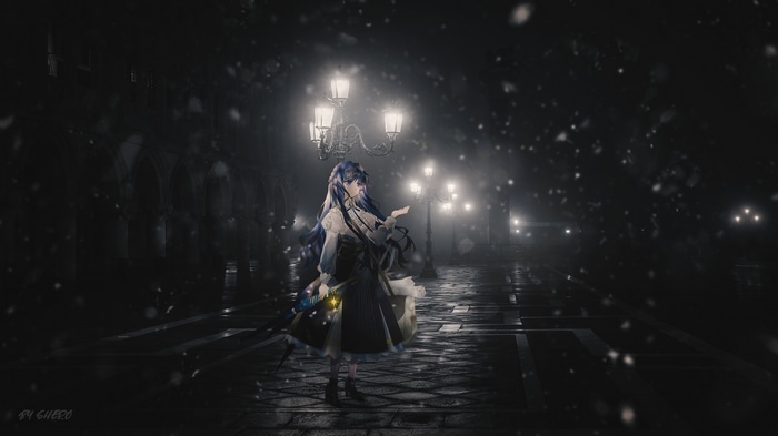 Astesia in a snowy night with street lamps