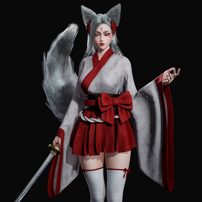 Fox girl with katana and red skirt