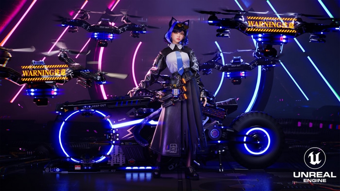 Woman with blue hair and drones