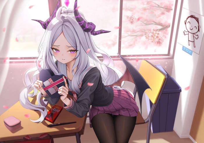 Sorasaki Hina with wings and horns holding a gift