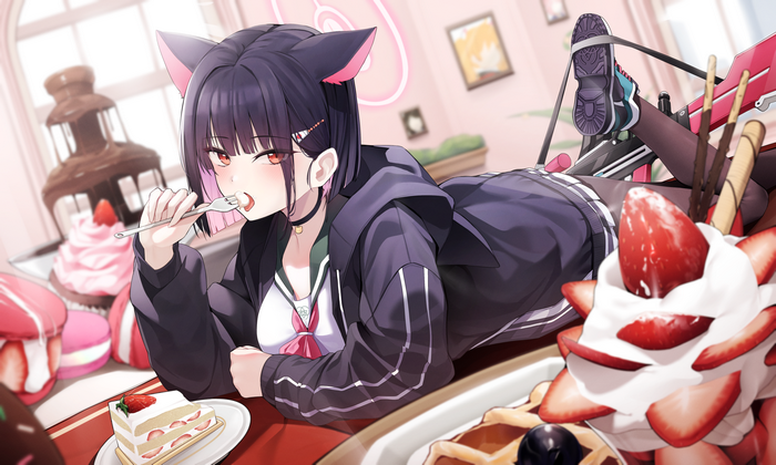 Kyouyama Kazusa eating sweets in Blue Archive