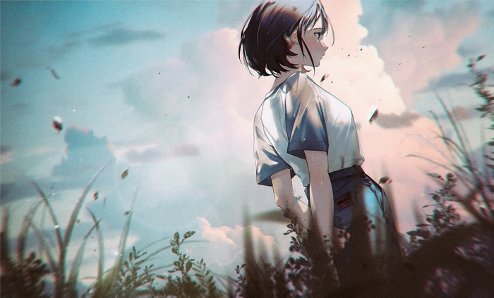 Anime girl with dark hair in a field of grass