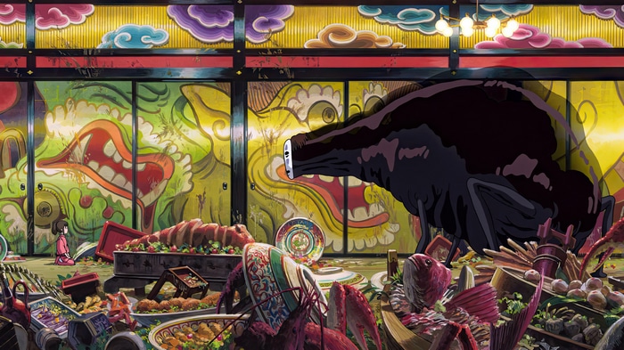 Spirited Away: Chihiro and No-Face in a food-filled room