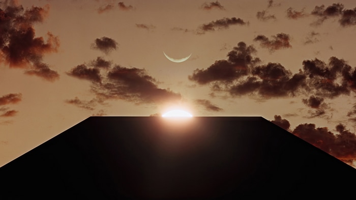 2001: A Space Odyssey Monolith with Crescent Moon and Sun