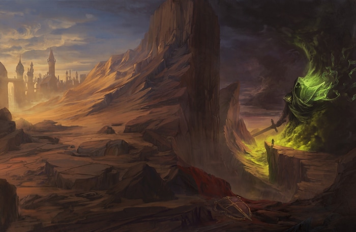 Fantasy landscape with a giant and a warrior