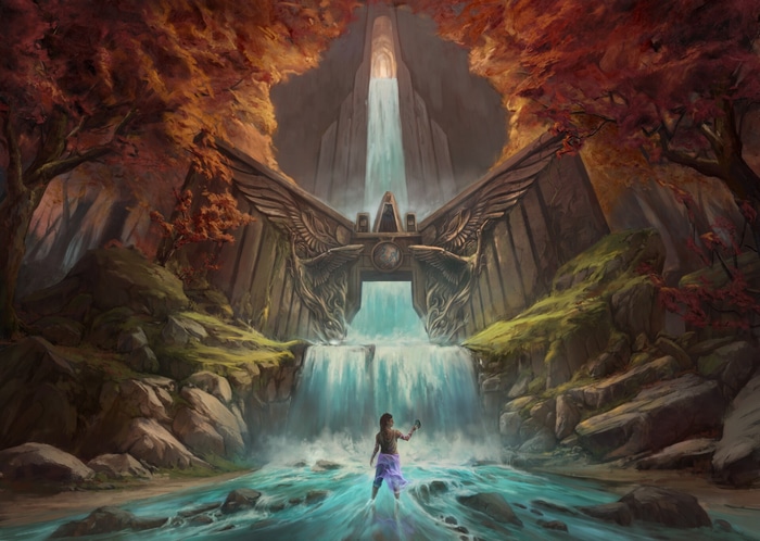 Fantasy waterfall temple with a person in the foreground