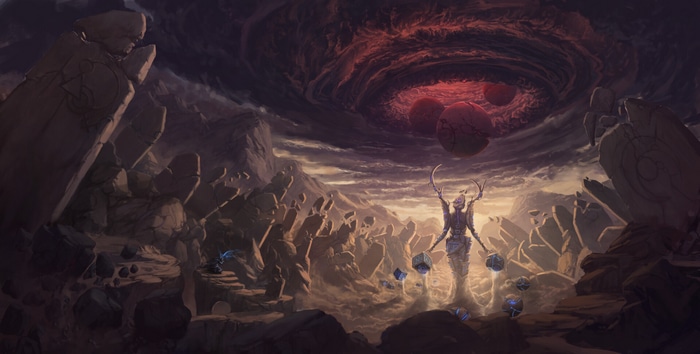 Surreal apocalyptic landscape with a central figure and floating orbs