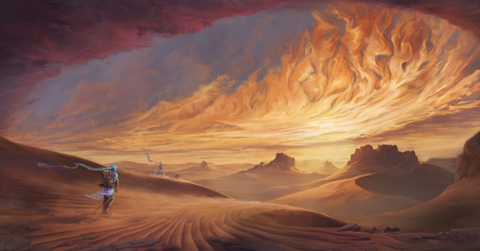 Fantasy desert landscape with travelers at sunset