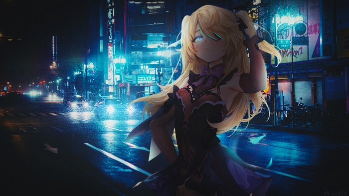 Fischl from Genshin Impact in a rainy Japanese city at night