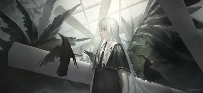 Girl with white hair and crows