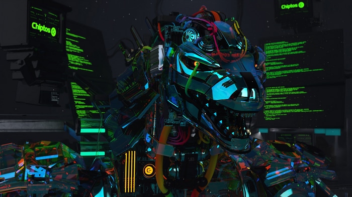 Mecha Godzilla with computer monitors and wires