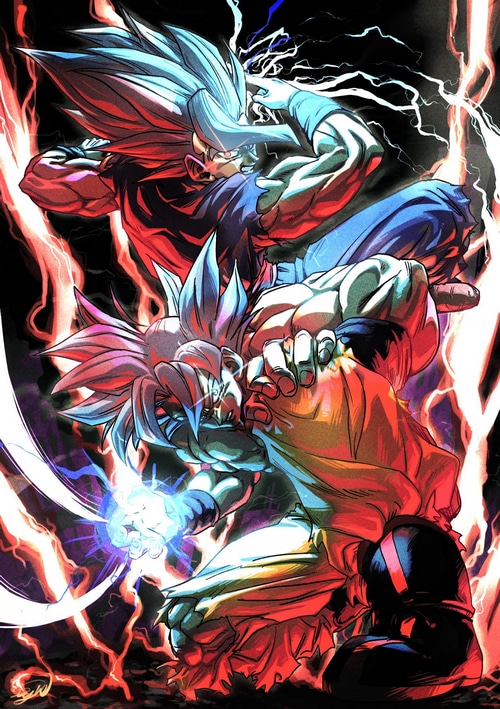 Goku and Gohan clash with lightning and energy blasts