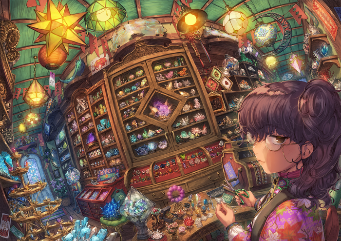 Girl in a crystal shop with wide-angle view
