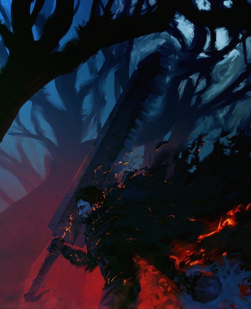 Guts from Berserk with a large sword in a dark forest