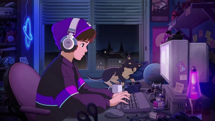 Lofi Girl with Dog at Computer at Night