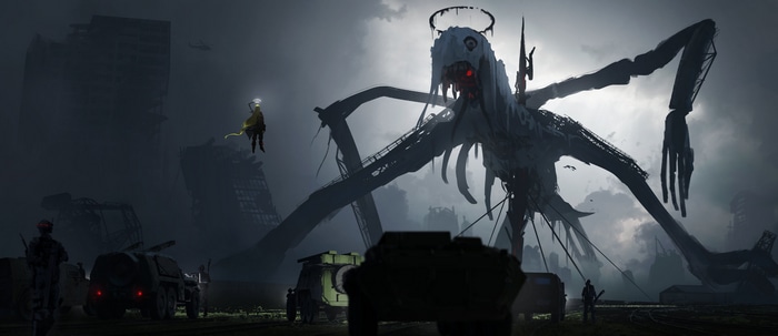 4K fantasy art of a giant creature and military