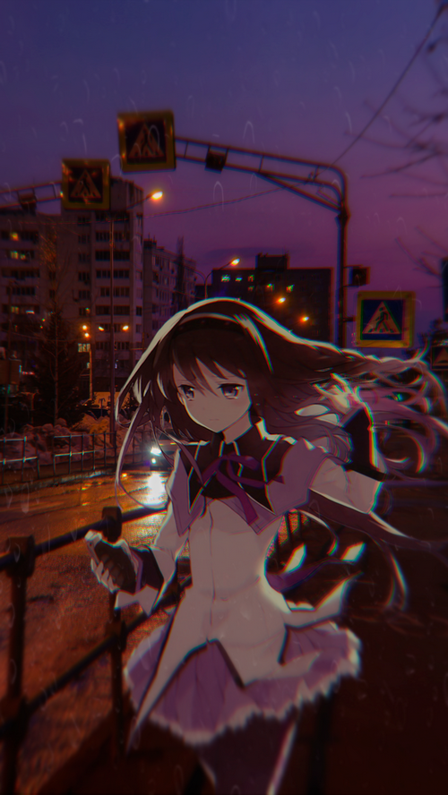 Homura Akemi in a rainy city at night
