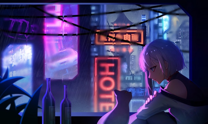 4K Cyberpunk: Edgerunners Lucyna Kushinada with cat in rain
