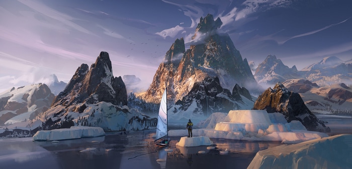 Sailboat on icy water with snowy mountains