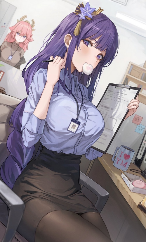 Raiden Shogun and Yae Miko in an office