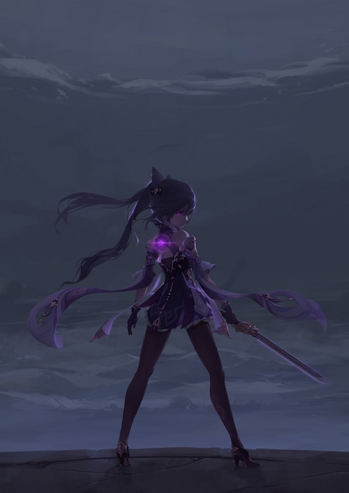 Keqing from Genshin Impact with a sword