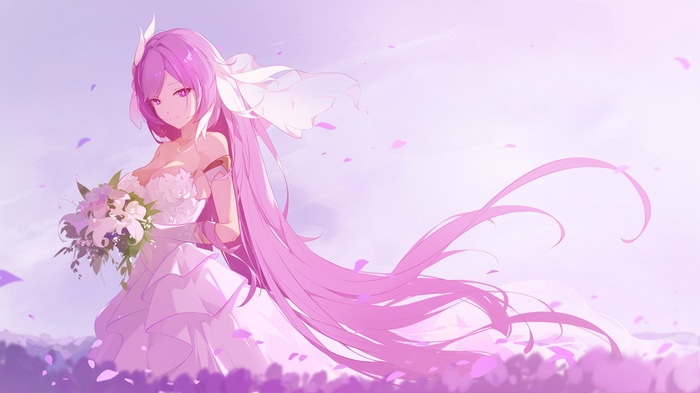 Elysia in a Wedding Dress with Pink Hair and Flowers