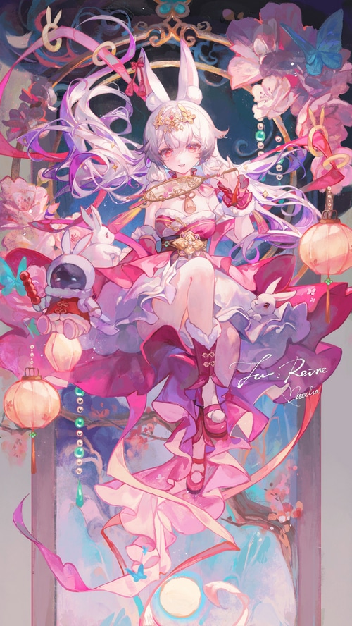 Anime girl with bunny ears and rabbits, Chinese theme