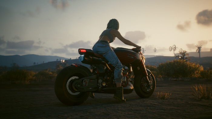 Cyberpunk 2077 motorcycle in a desert landscape