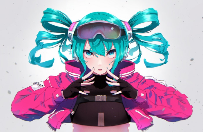 Hatsune Miku wearing a pink jacket and goggles