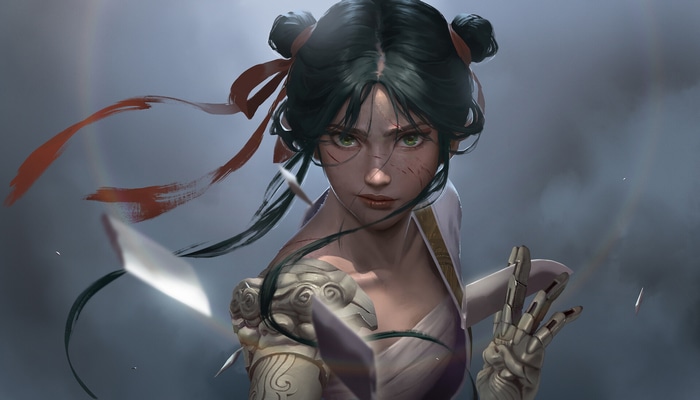 Fantasy girl with cybernetic arm and red ribbons