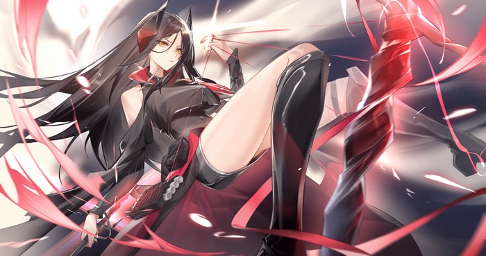 Arknights character with horns and weapon
