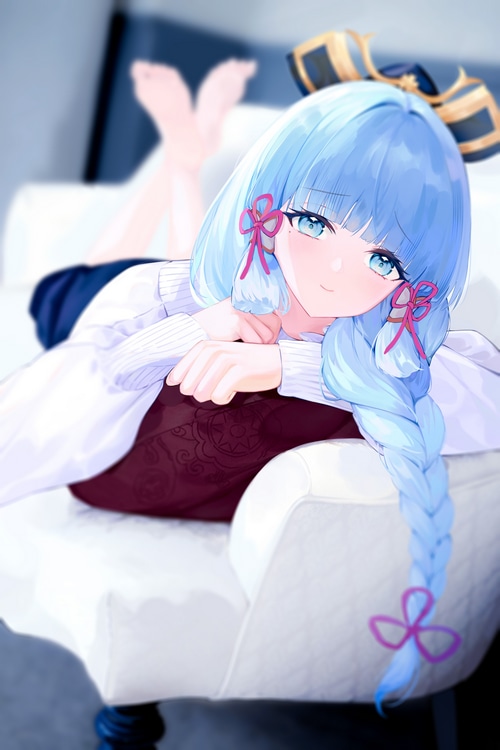 Kamisato Ayaka from Genshin Impact on a couch