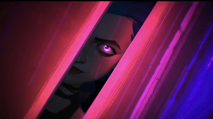 Jinx with glowing purple eyes peeking through red curtains