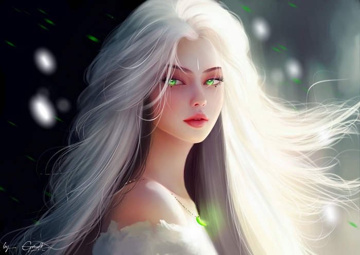 Fantasy girl with long white hair and green eyes