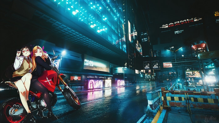 Anime girls on a motorcycle in a futuristic city at night