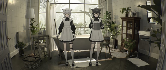 Two cat girls in maid outfits in a bathroom