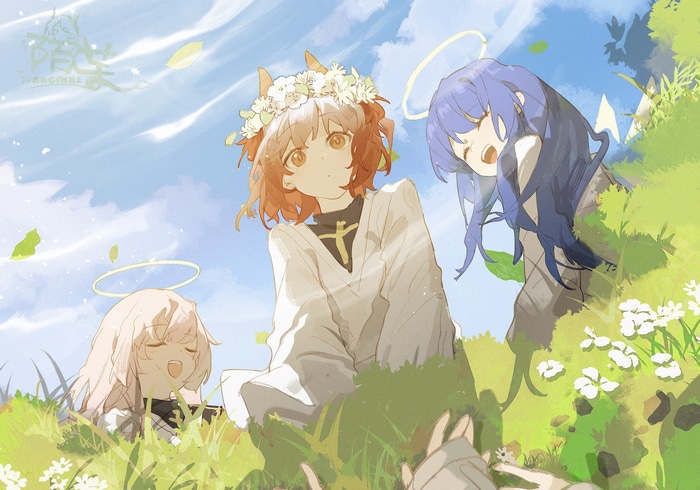 Arknights characters with halos in a grassy field