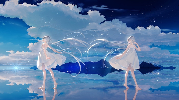 Two women with silver hair in white dresses reflected on water