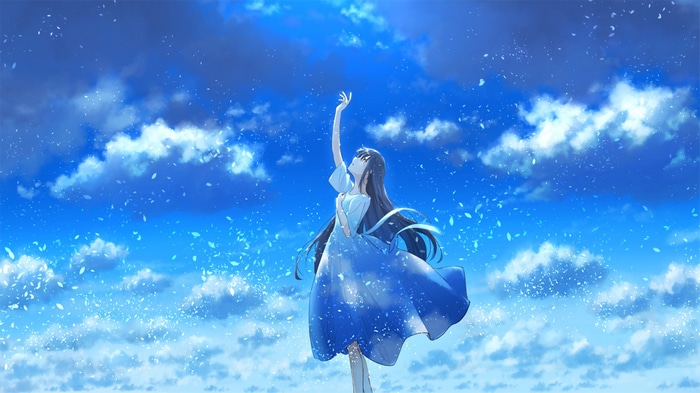 Girl in blue dress reaching up to the sky