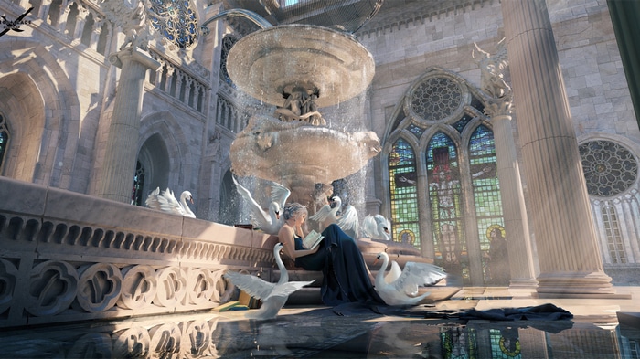 Fantasy girl reading by a fountain with swans