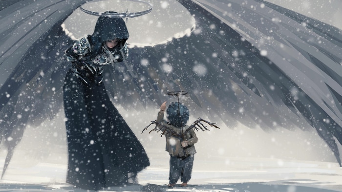 Angel and child in snow by WLOP