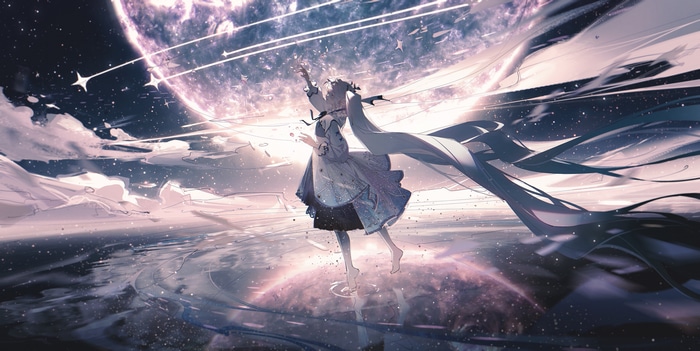 Ying Yi barefoot under a starry night sky