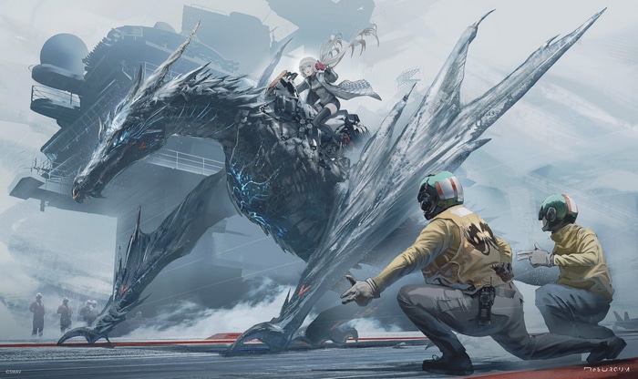 Dragon with girl on aircraft carrier deck