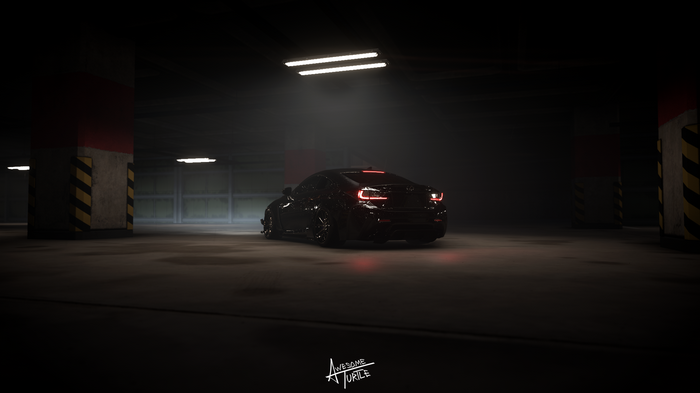 Black Lexus RC F in a dark parking garage